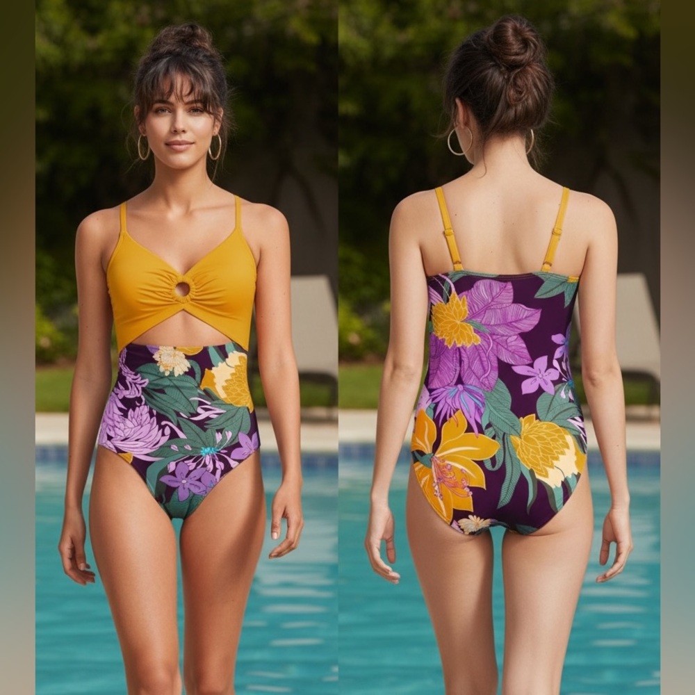 Lands' End O Ring Monokini onepieve mango and Purple Floral